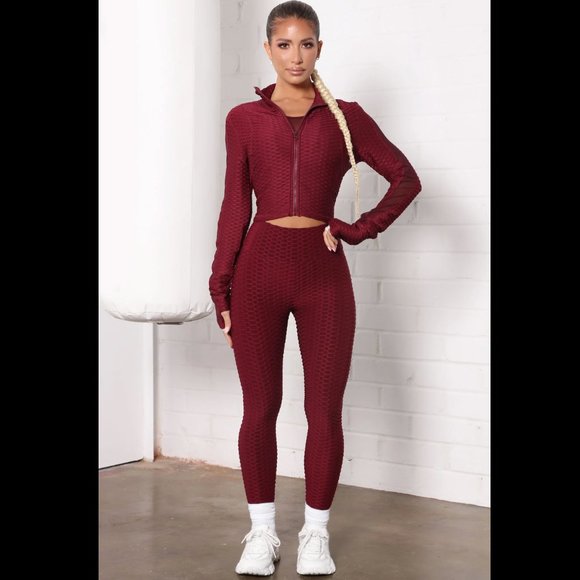 NWOT | Fashion Nova | Textured Scrunch Bum Active Leggings | Small | Burgundy - Picture 4 of 9